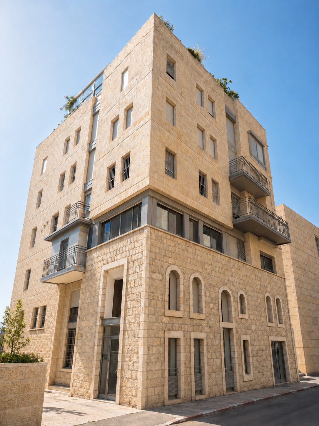 טרומפלדור 6, ירושלים – בניין אבן גבוה עם תוספת קומות מודרנית